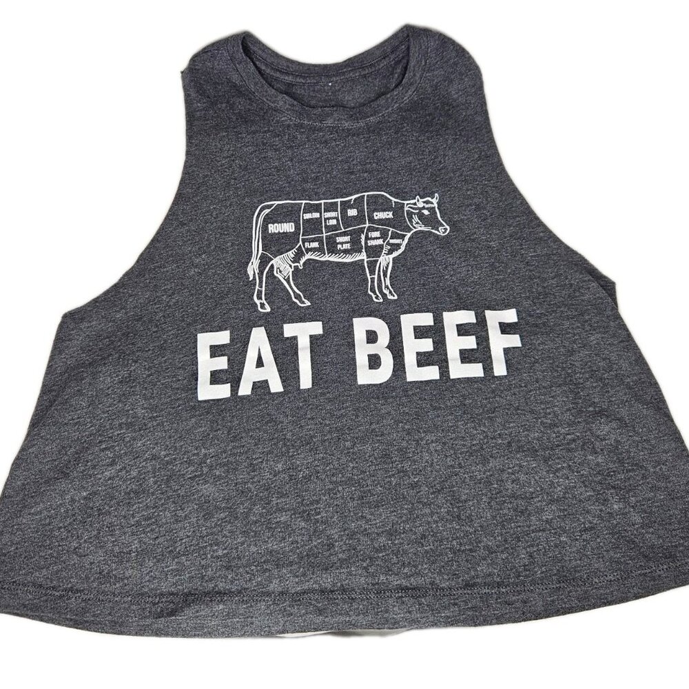 Womens EAT BEEF Cow Graphic Cropped Racer-back Tank Athletic, Size M/L - Picture 1 of 5